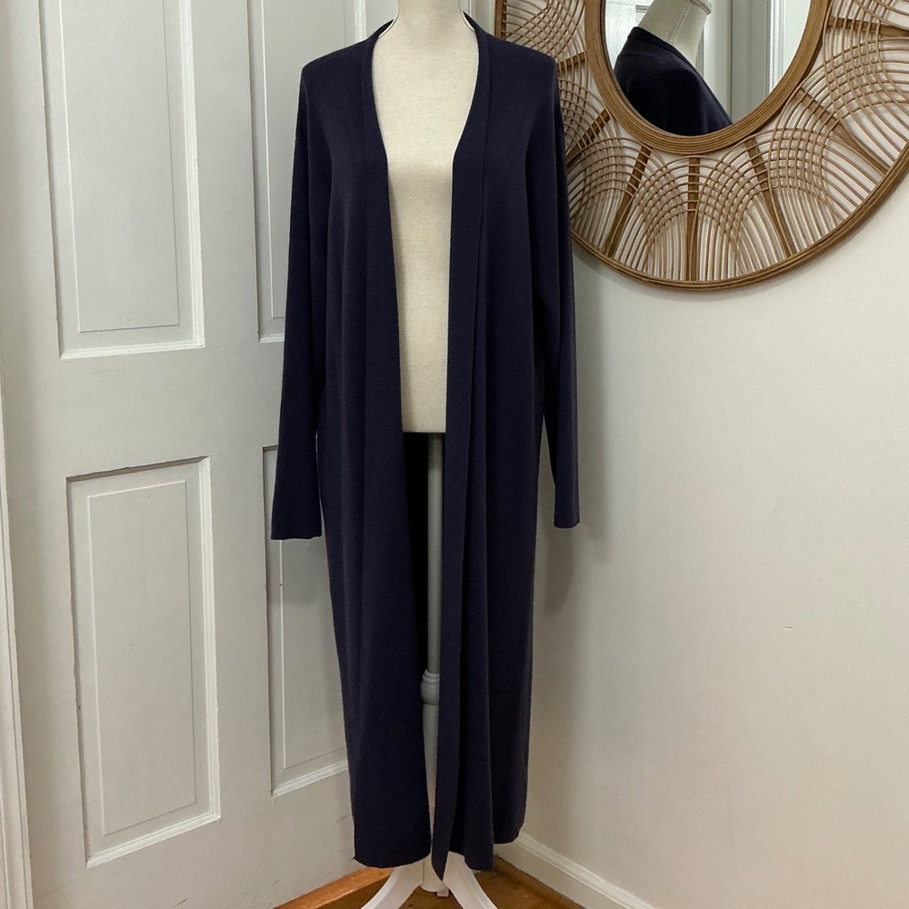 Eileen Fisher 100% Merino Wool Maxi Cardigan 1X Purple Duster Open Front Sweater